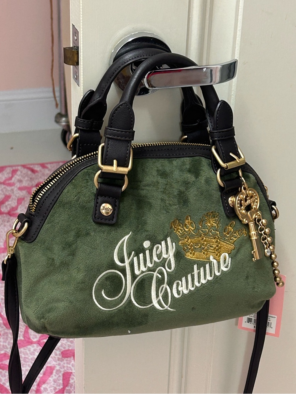 Juicy Couture Velour Olive Super Greens Satchel with Renaissance Logo